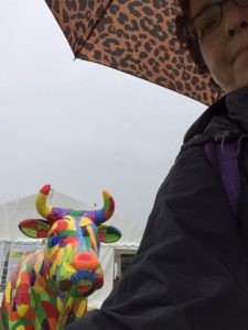 Et flot flerfarvet ko og undertegnede med leo paraply på Det Fynske Dyrskue